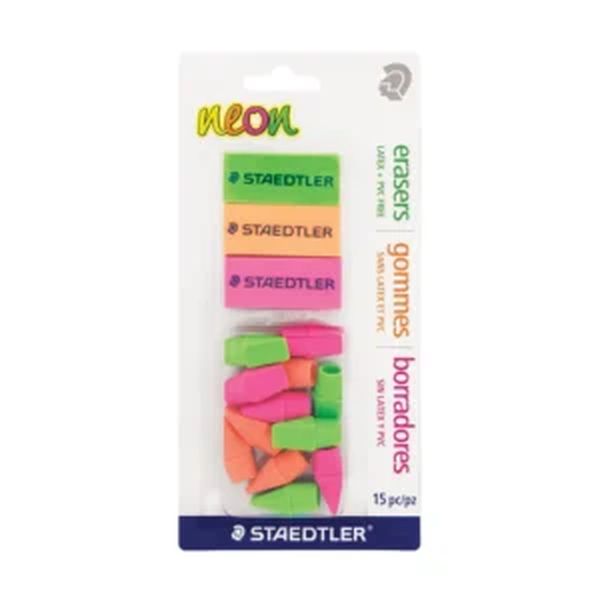 Staedtler 15 Piece Eraser Set Neon Colours - 3 Erasers + 12 Eraser Caps